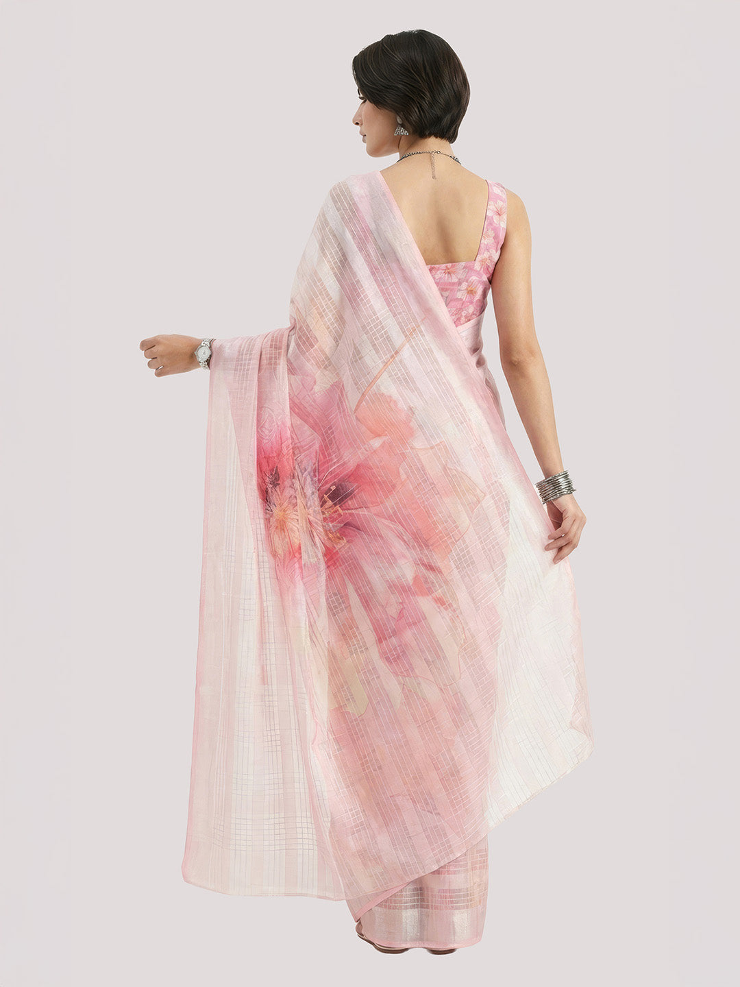 Janasya Women's Pink Lurex Cotton Blend  Ready To Wear Floral Printed Saree with Unstitched Blouse