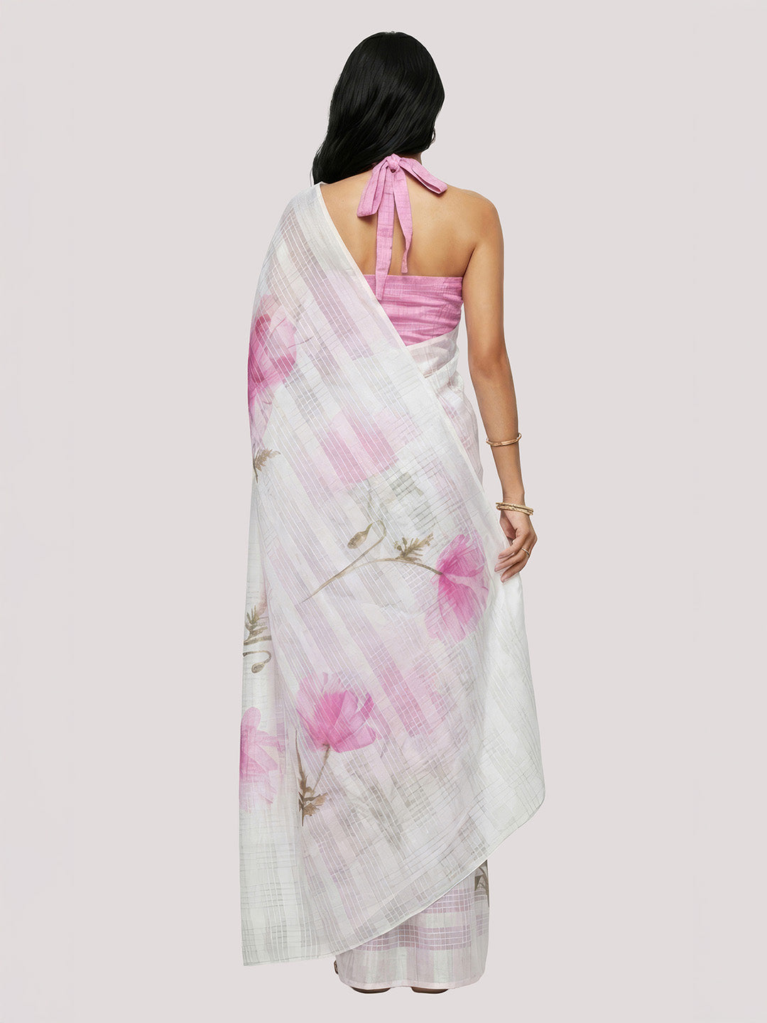 Janasya Women's Light Pink Lurex Cotton Blend  Ready To Wear Floral Printed Saree with Unstitched Blouse