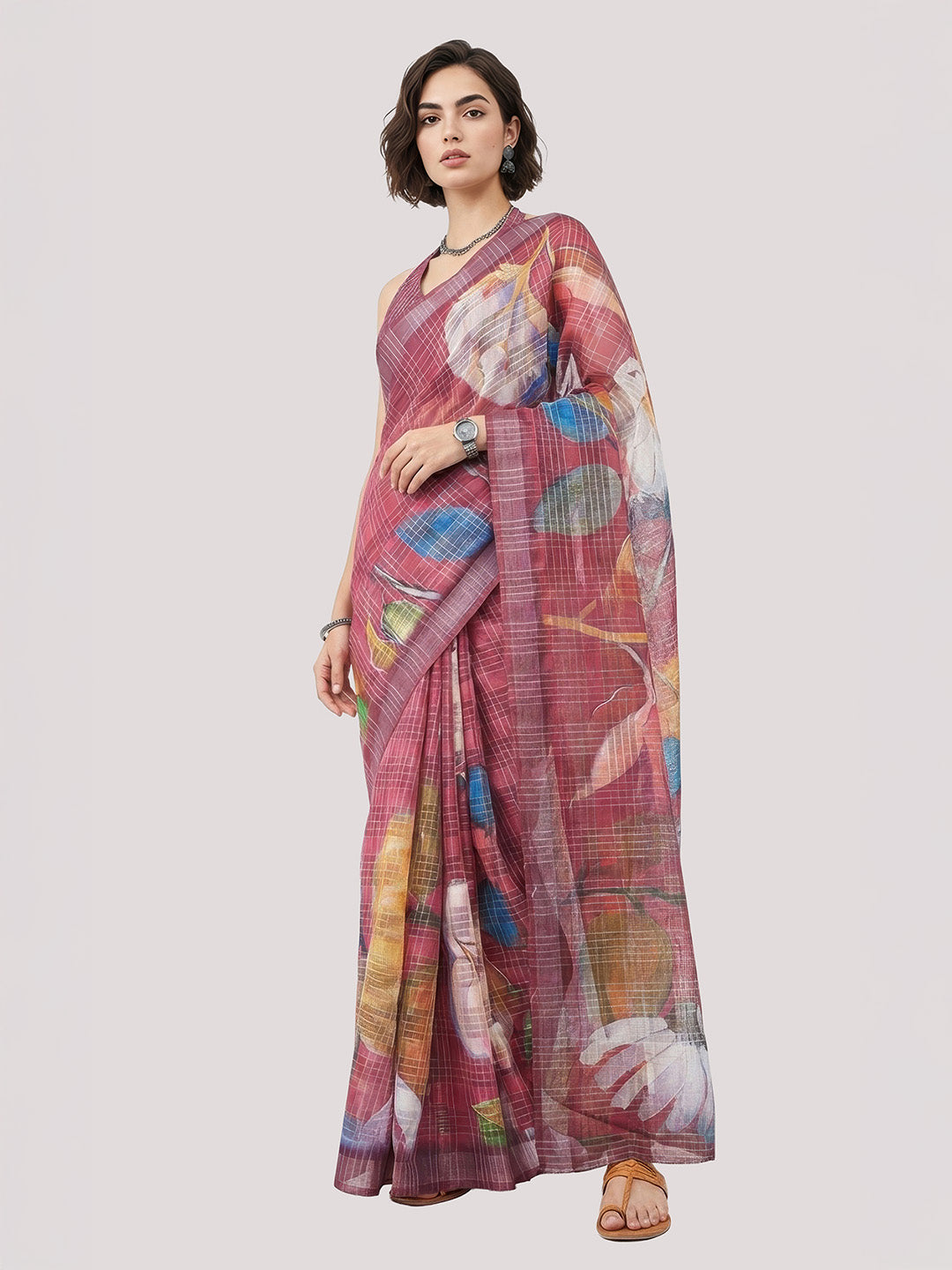 Janasya Women's Magenta Lurex Cotton Blend Ready To Wear Floral Printed Saree with Unstitched Blouse