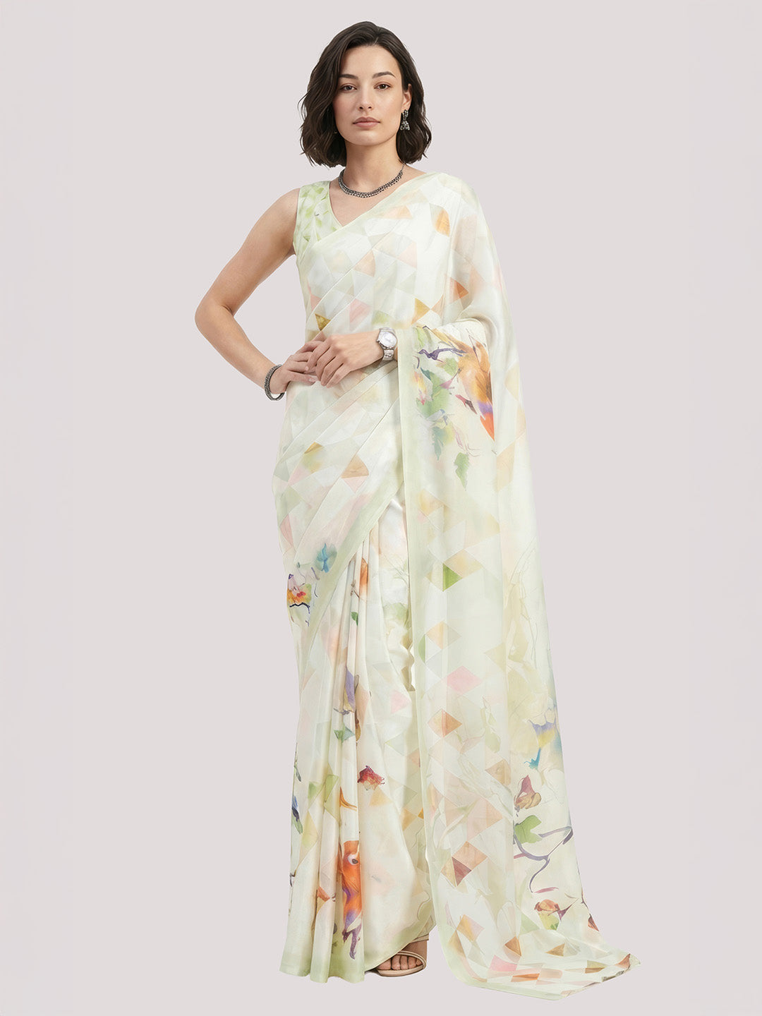 Janasya Women's Cream Satin Ready To Wear Geometric Printed Saree with Unstitched Blouse
