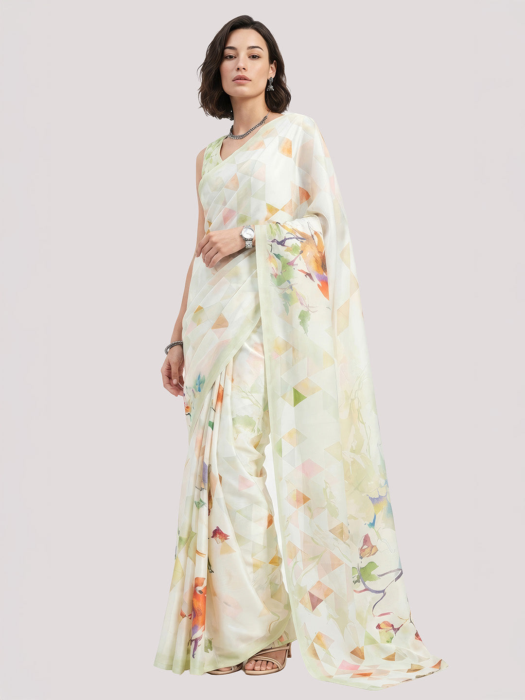 Janasya Women's Cream Satin Ready To Wear Geometric Printed Saree with Unstitched Blouse