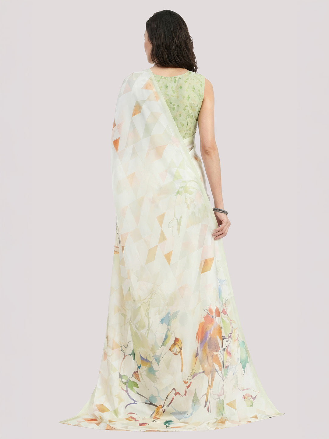 Janasya Women's Cream Satin Ready To Wear Geometric Printed Saree with Unstitched Blouse