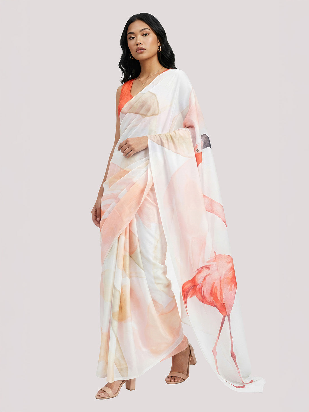 Janasya Women's White Satin Ready To Wear Abstract Printed Saree with Unstitched Blouse