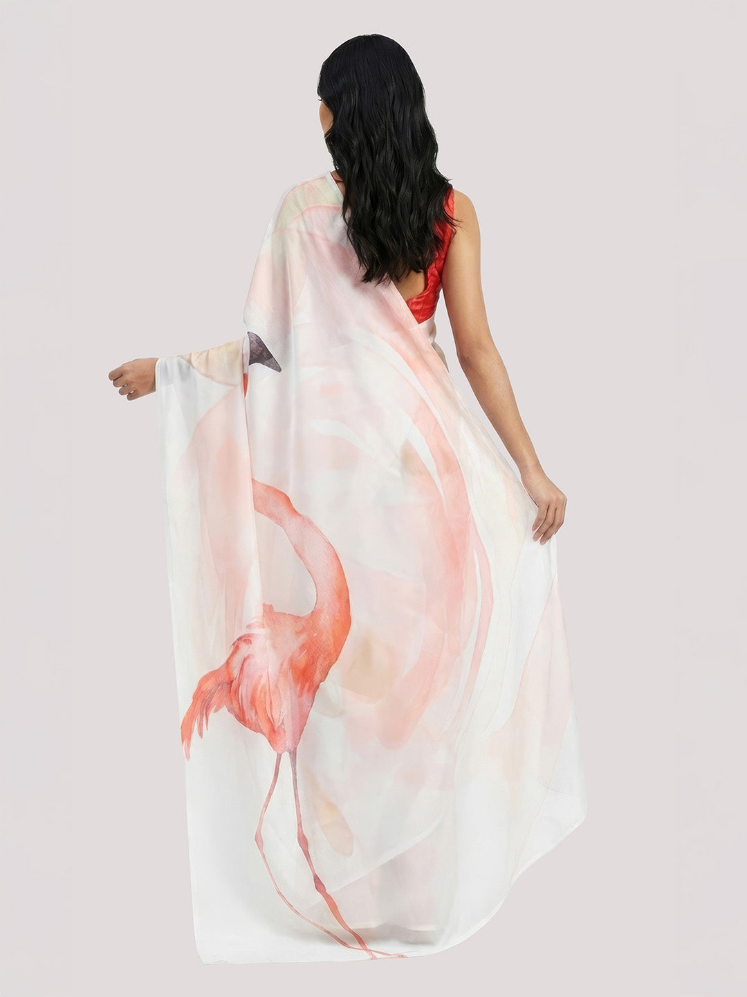 Janasya Women's White Satin Ready To Wear Abstract Printed Saree with Unstitched Blouse