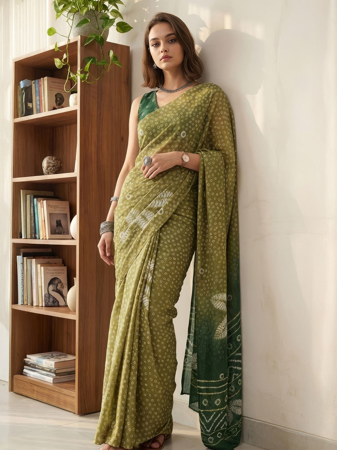 Janasya Women's Olive Green Satin Ready To Wear Bandhani Printed Saree with Unstitched Blouse