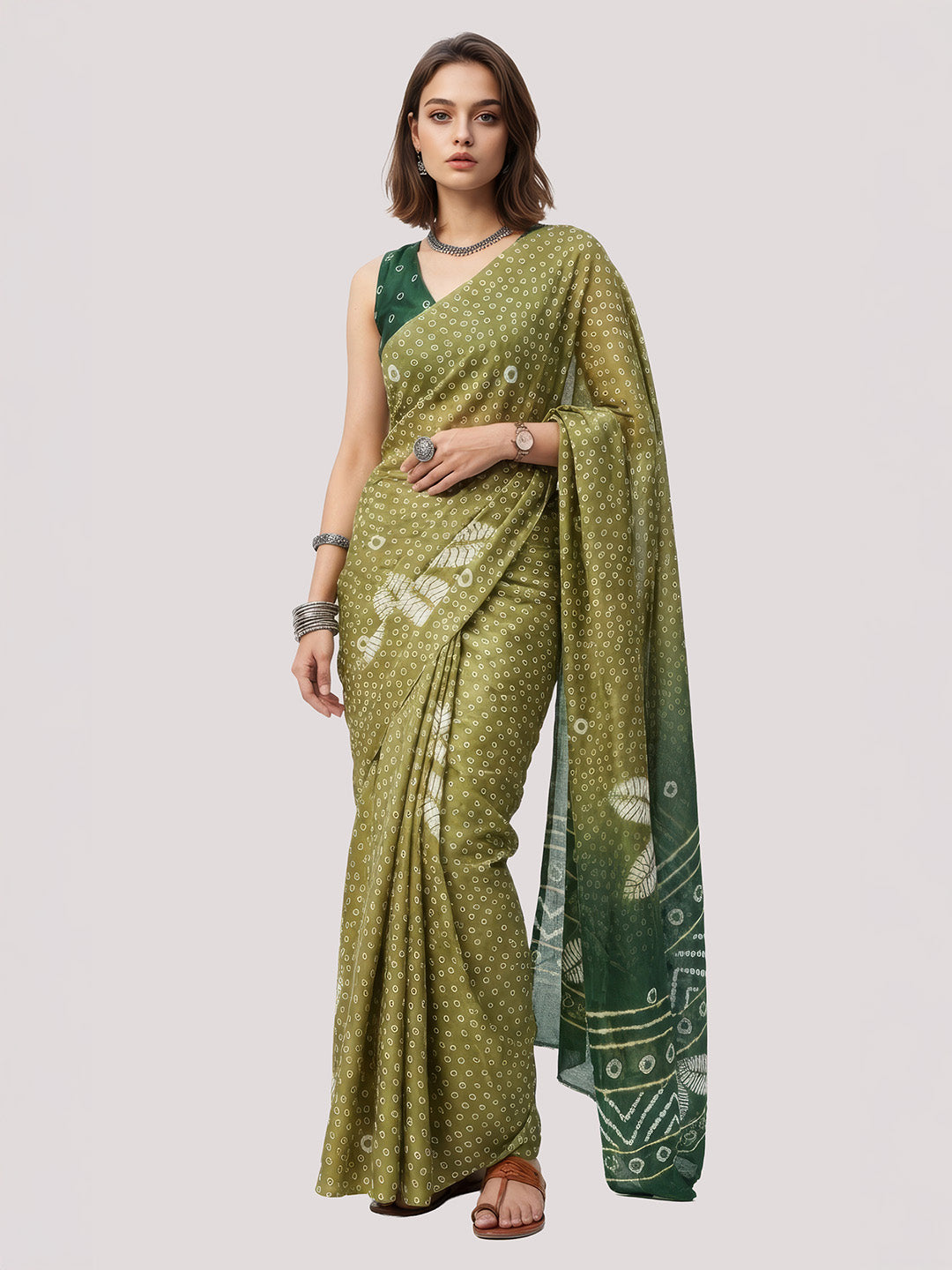 Janasya Women's Olive Green Satin Ready To Wear Bandhani Printed Saree with Unstitched Blouse