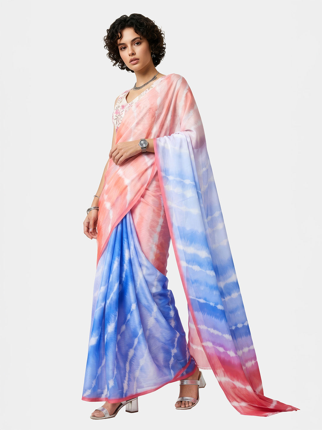 Janasya Women's Multicolor Satin Ready To Wear Tie & Dye Printed Saree with Unstitched Blouse