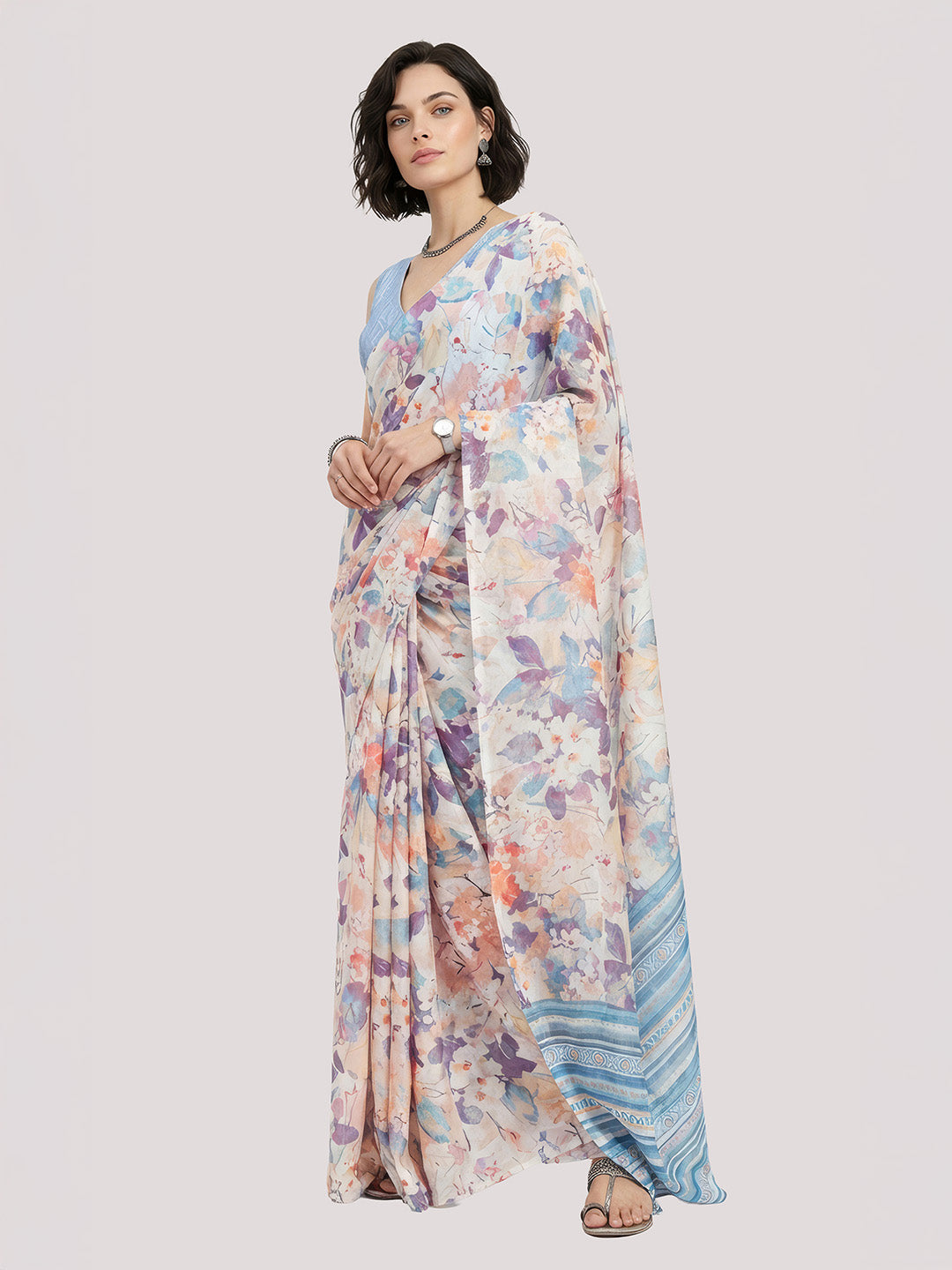 Janasya Women's Beige Satin Ready To Wear Floral Printed Saree with Unstitched Blouse