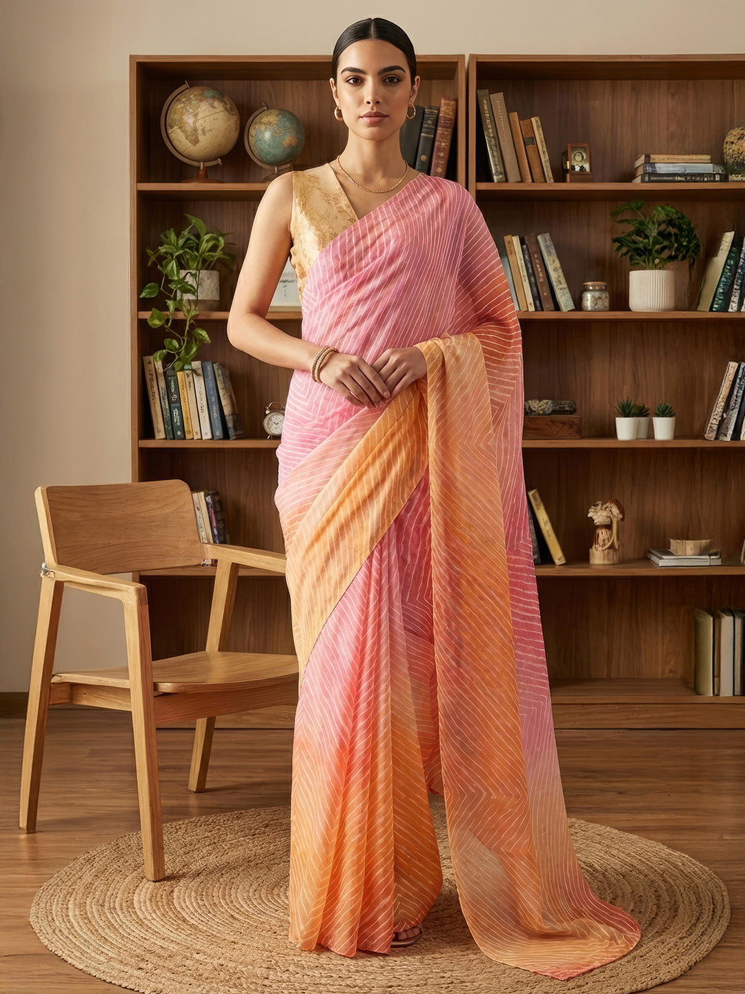 Janasya Women's Multicolor Satin Ready To Wear Leheriya Printed Saree with Unstitched Blouse