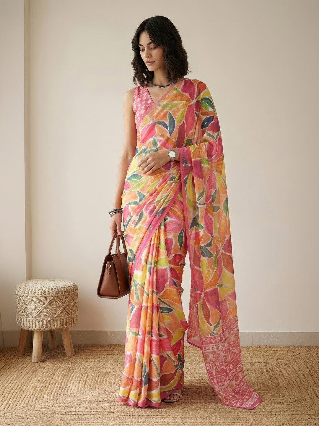 Janasya Women's Multicolor Satin Ready To Wear Floral Printed Saree with Unstitched Blouse