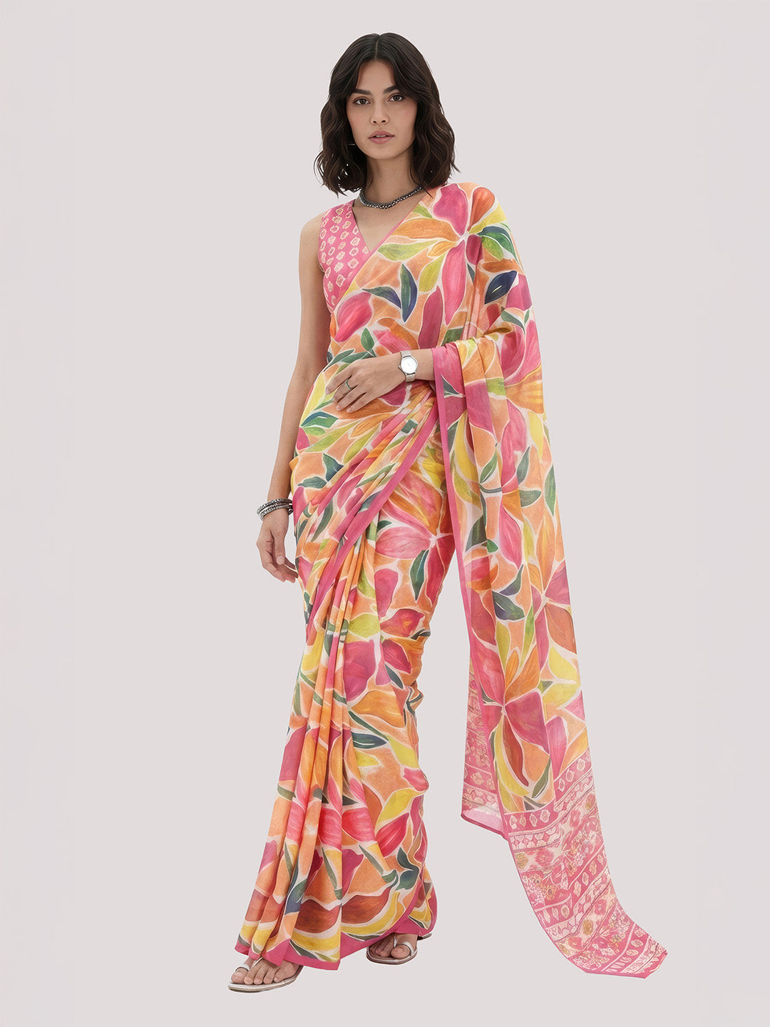 Janasya Women's Multicolor Satin Ready To Wear Floral Printed Saree with Unstitched Blouse