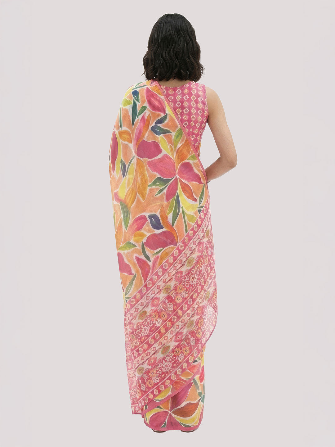 Janasya Women's Multicolor Satin Ready To Wear Floral Printed Saree with Unstitched Blouse