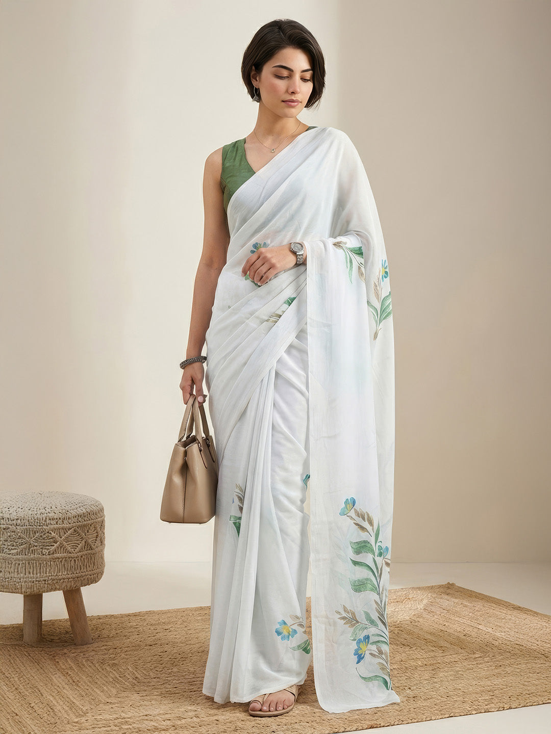 Janasya Women's White Satin Ready To Wear Floral Printed Saree with Unstitched Blouse