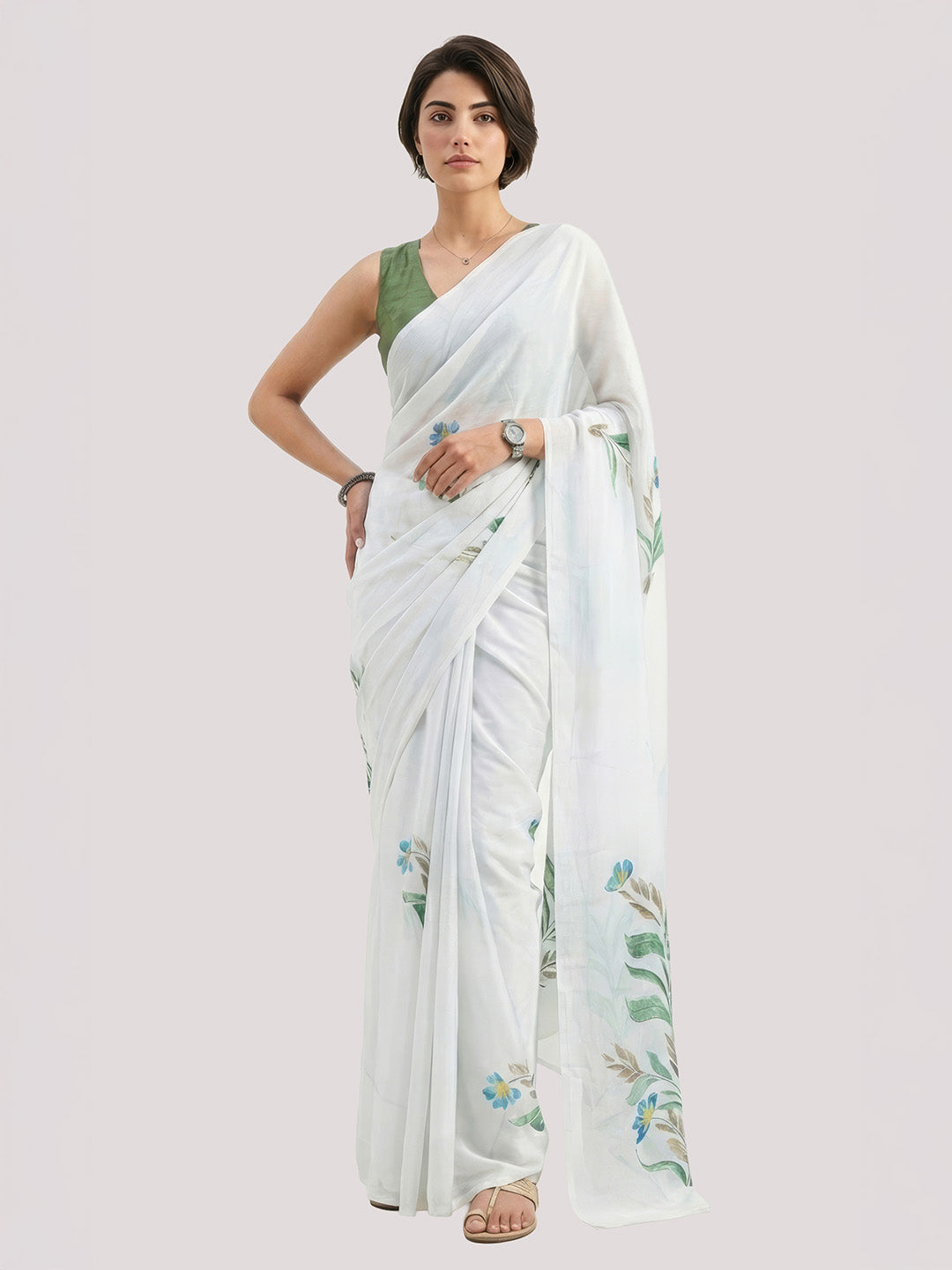 Janasya Women's White Satin Ready To Wear Floral Printed Saree with Unstitched Blouse