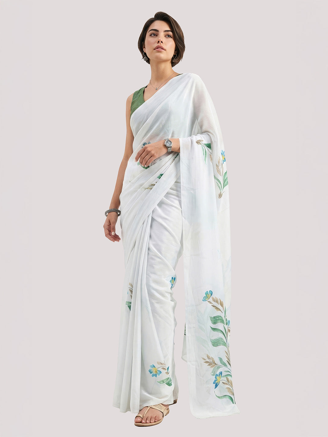 Janasya Women's White Satin Ready To Wear Floral Printed Saree with Unstitched Blouse
