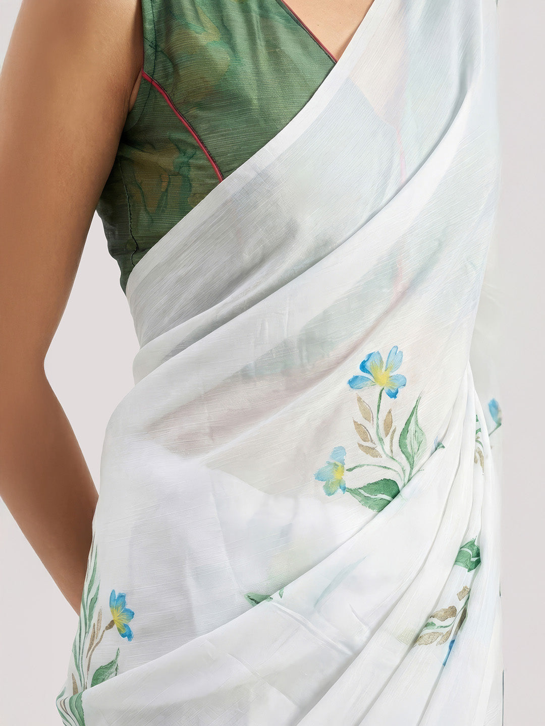 Janasya Women's White Satin Ready To Wear Floral Printed Saree with Unstitched Blouse