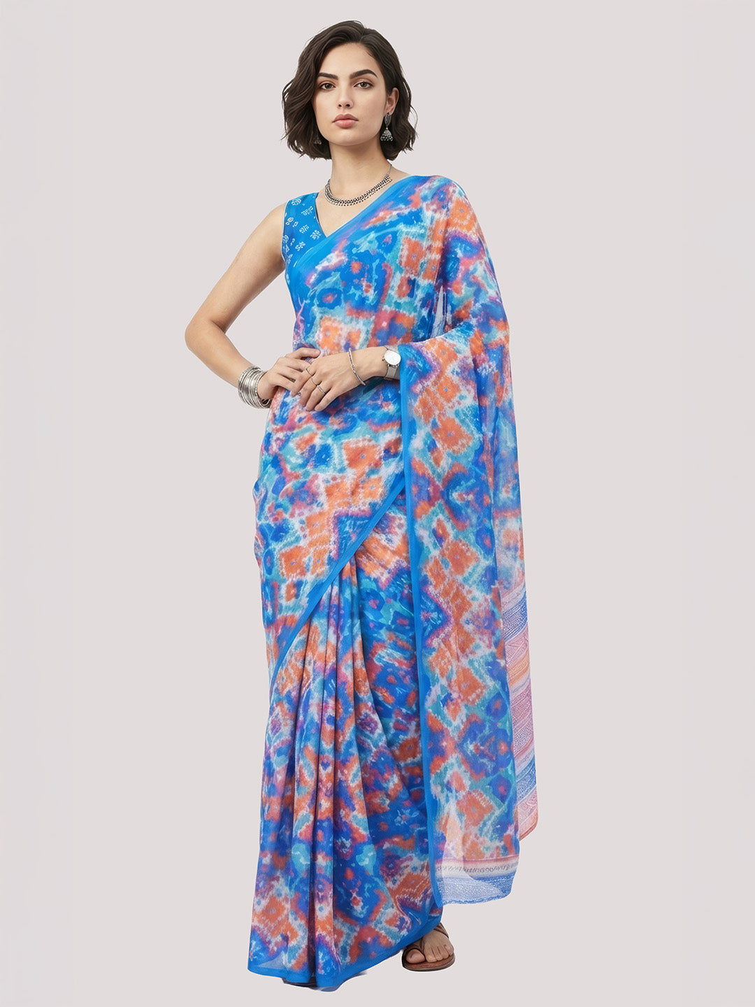 Janasya Women's Blue Satin Ready To Wear Geometric Printed Saree with Unstitched Blouse
