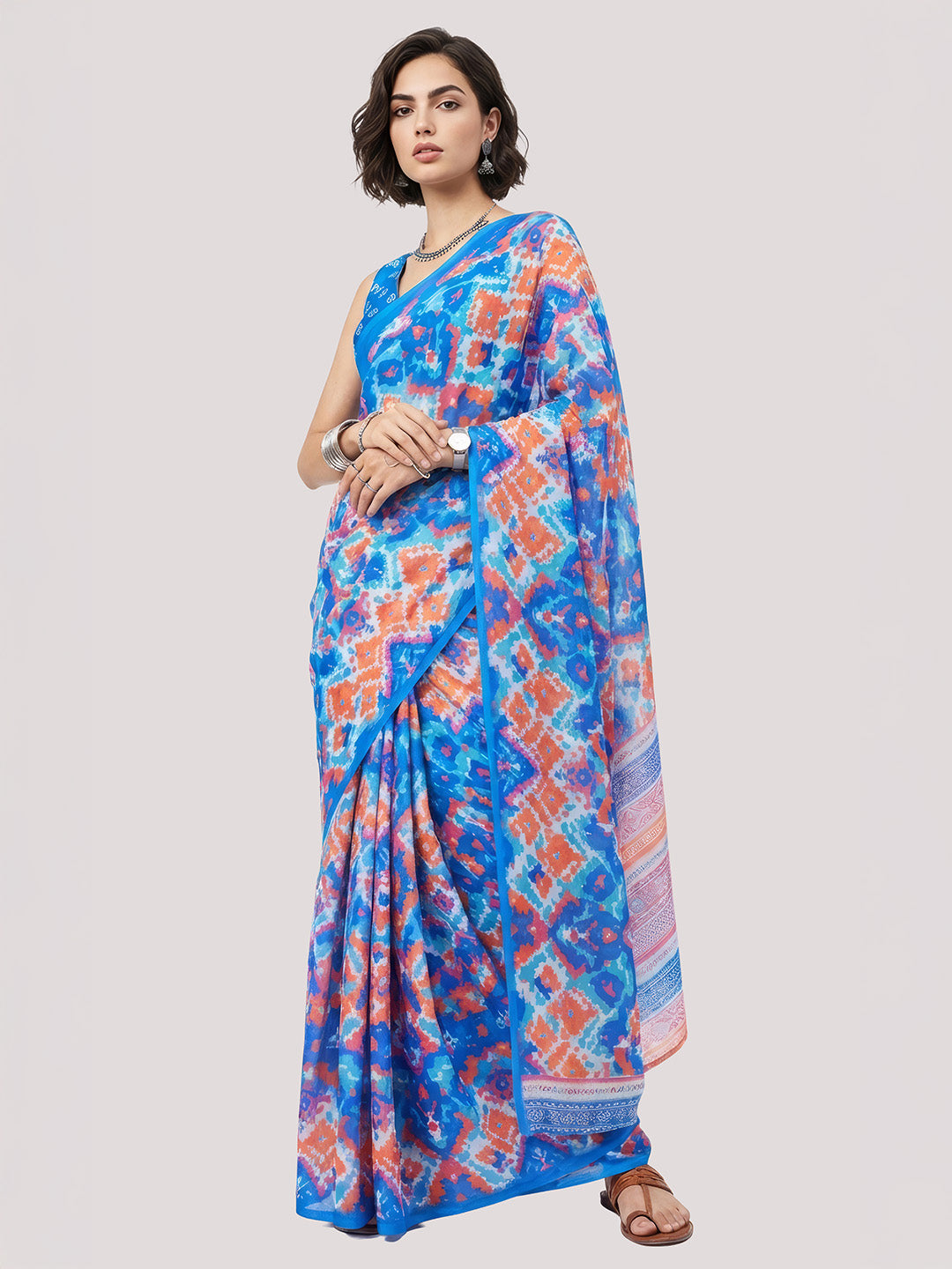Janasya Women's Blue Satin Ready To Wear Geometric Printed Saree with Unstitched Blouse
