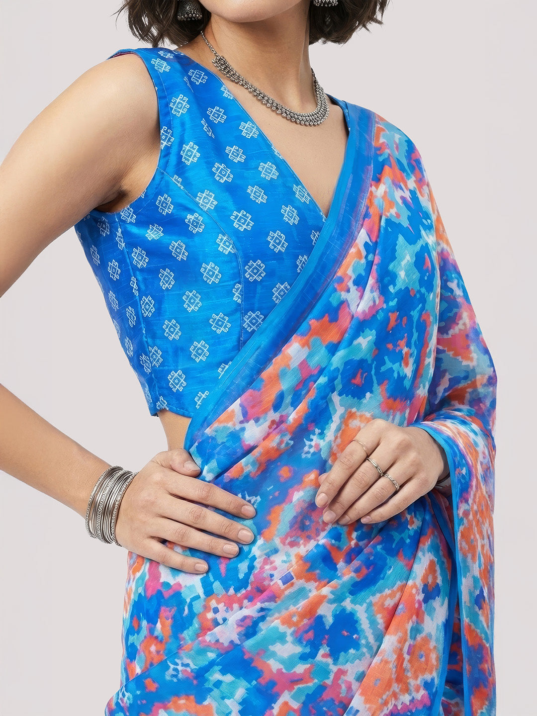 Janasya Women's Blue Satin Ready To Wear Geometric Printed Saree with Unstitched Blouse