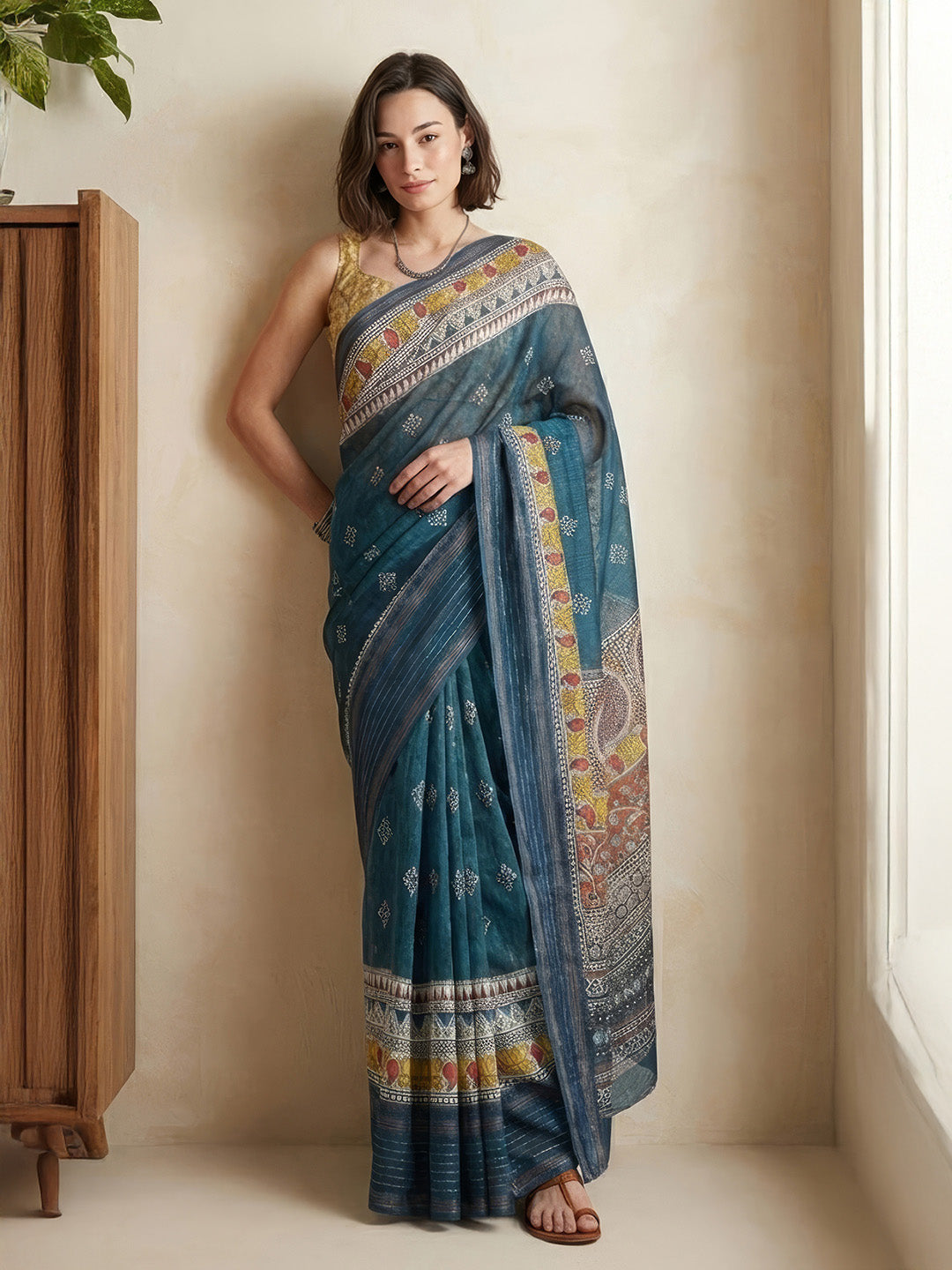 Janasya Women's Teal Blue Silk Blend Ready To Wear Floral Geometric Printed Saree with Unstitched Blouse