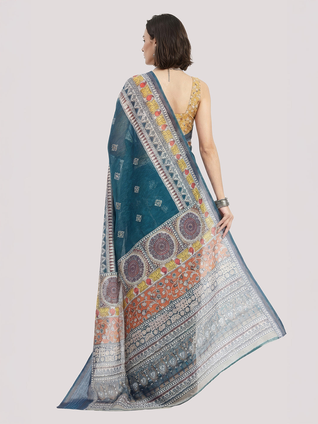 Janasya Women's Teal Blue Silk Blend Ready To Wear Floral Geometric Printed Saree with Unstitched Blouse