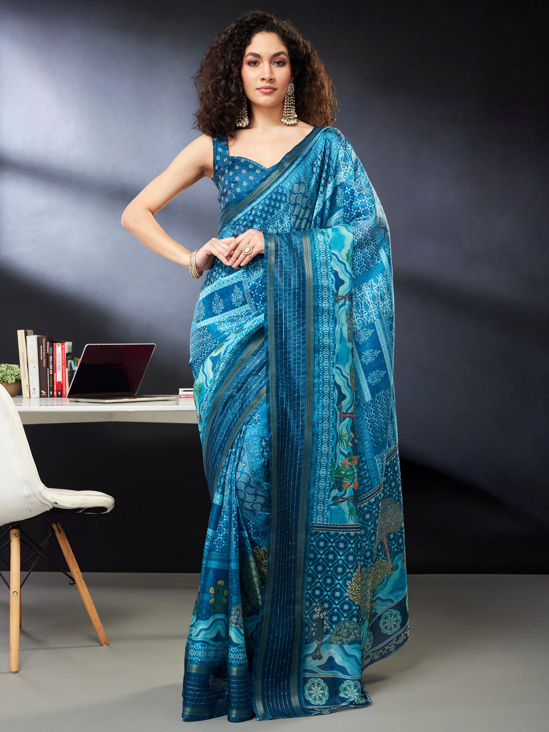 Janasya Women's Teal Blue Silk Blend Ready To Wear Floral Printed Saree with Unstitched Blouse