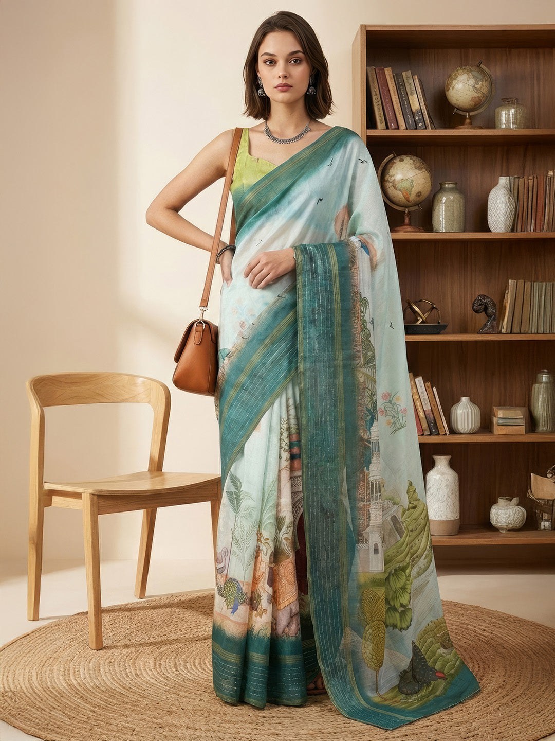 Janasya Women's Mint Green Silk Blend  Ready To Wear Ethnic Printed Saree with Unstitched Blouse