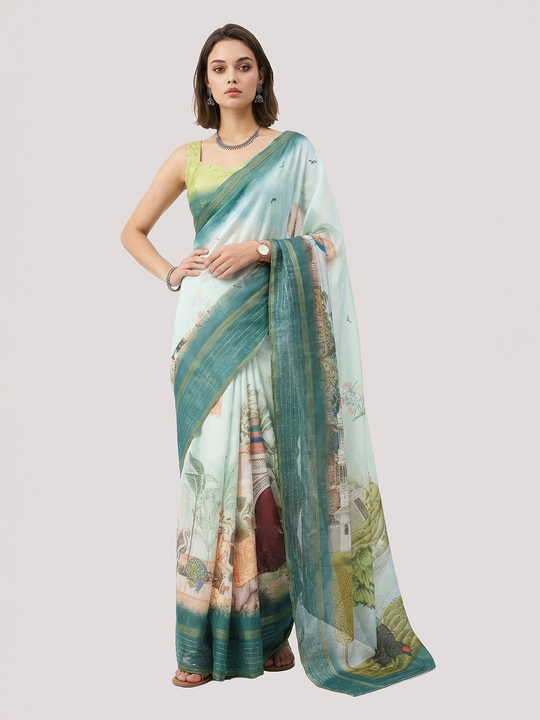 Janasya Women's Mint Green Silk Blend  Ready To Wear Ethnic Printed Saree with Unstitched Blouse