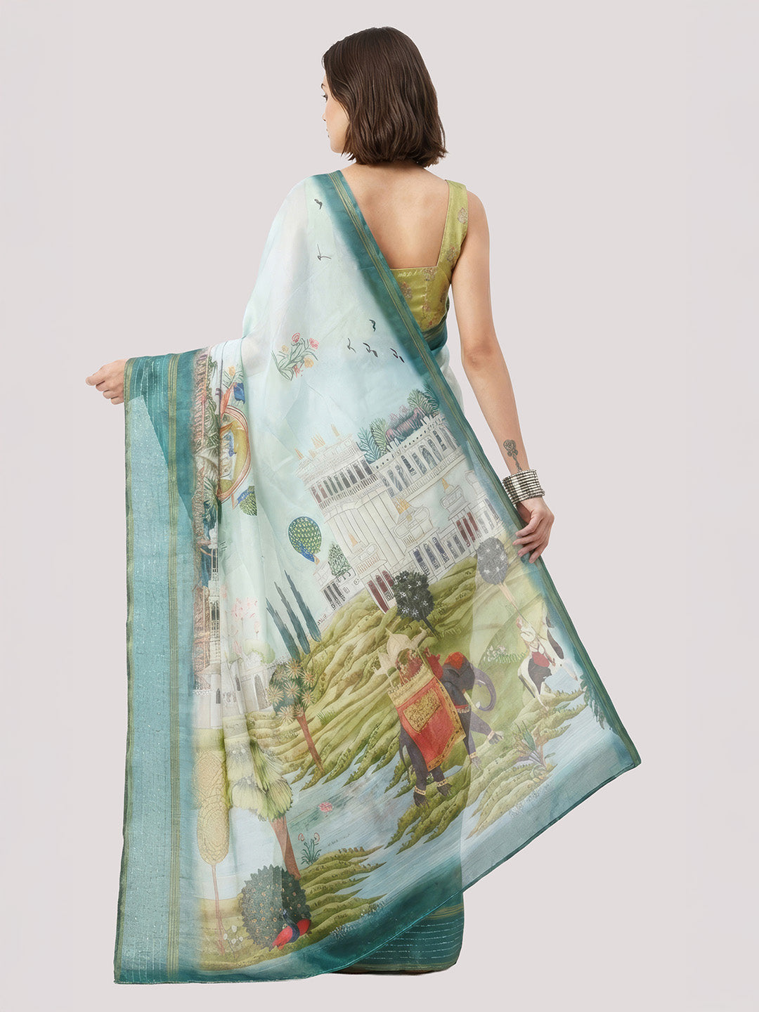 Janasya Women's Mint Green Silk Blend  Ready To Wear Ethnic Printed Saree with Unstitched Blouse