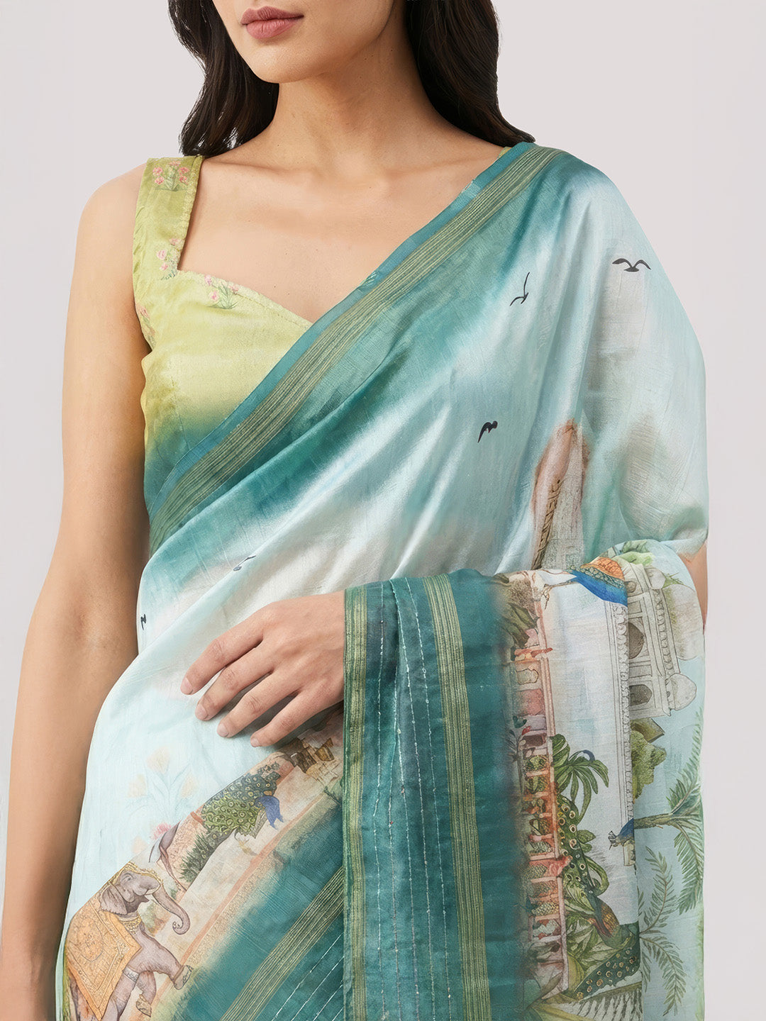 Janasya Women's Mint Green Silk Blend  Ready To Wear Ethnic Printed Saree with Unstitched Blouse