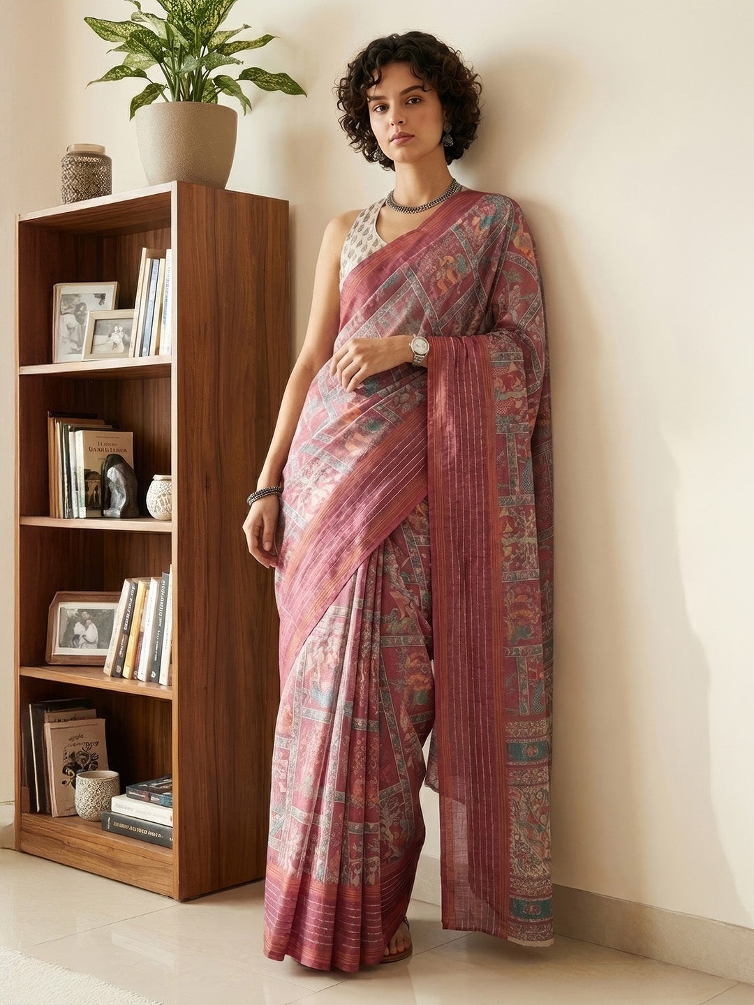 Janasya Women's Maroon Silk Blend Ready To Wear Ethnic Printed Saree with Unstitched Blouse