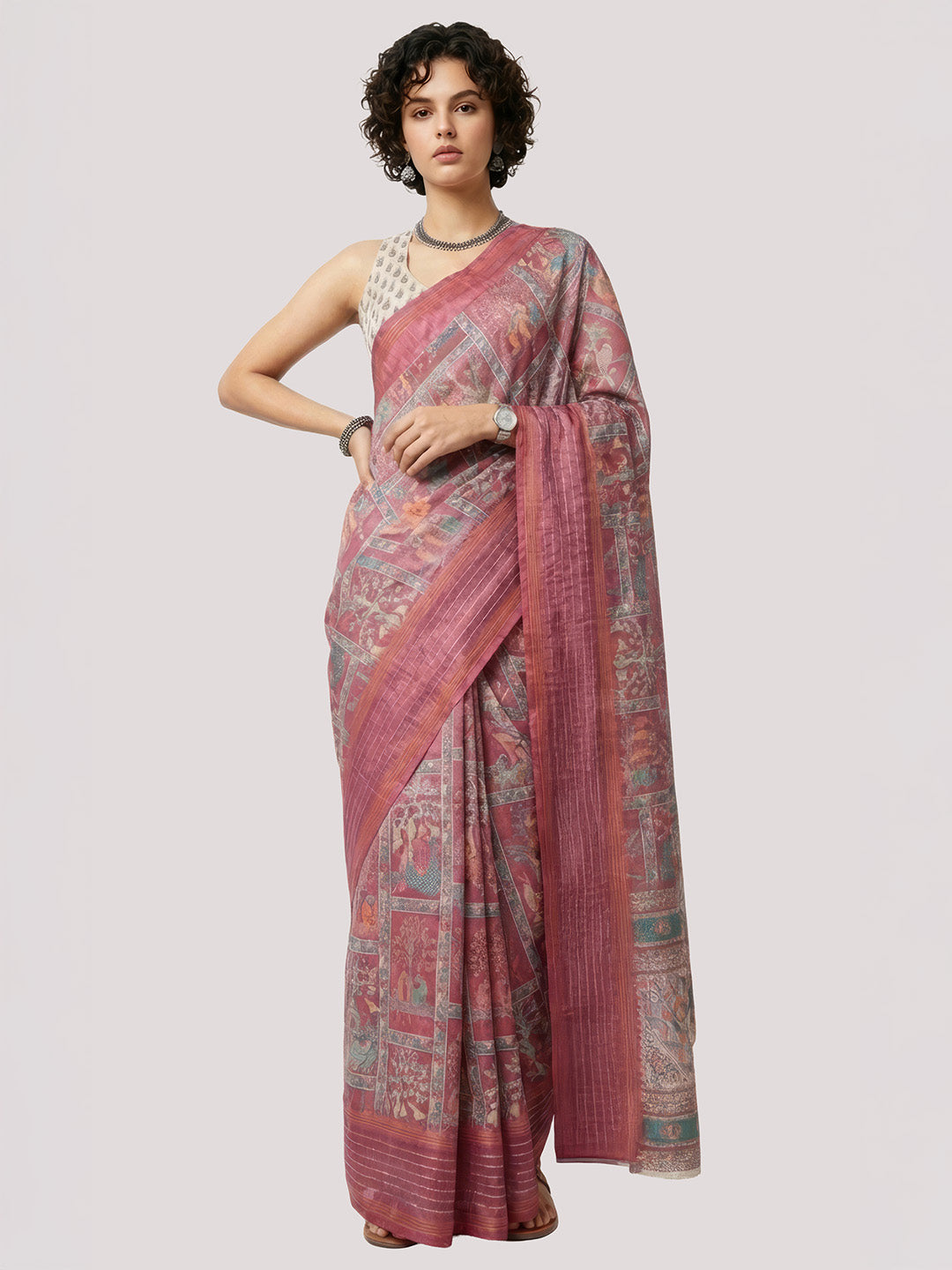 Janasya Women's Maroon Silk Blend Ready To Wear Ethnic Printed Saree with Unstitched Blouse