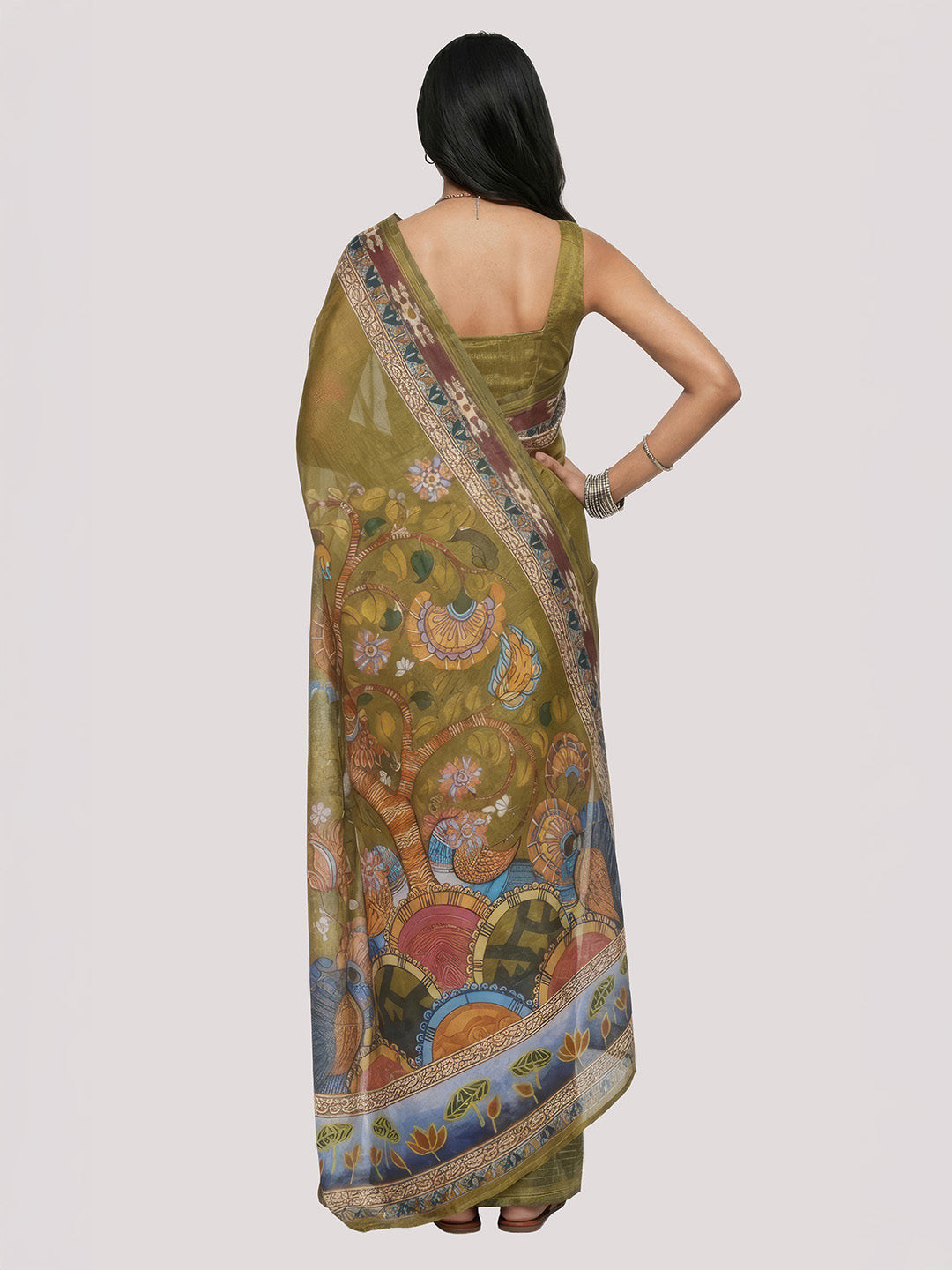 Janasya Women's Olive Green Silk Blend Ready To Wear Floral Printed Saree with Unstitched Blouse