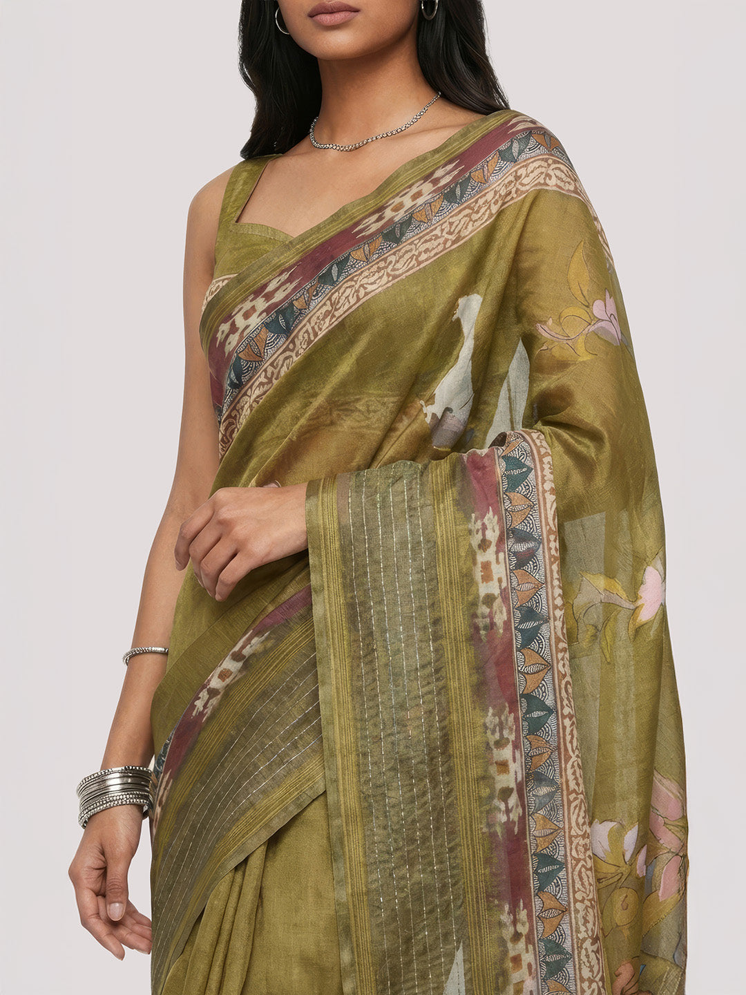 Janasya Women's Olive Green Silk Blend Ready To Wear Floral Printed Saree with Unstitched Blouse