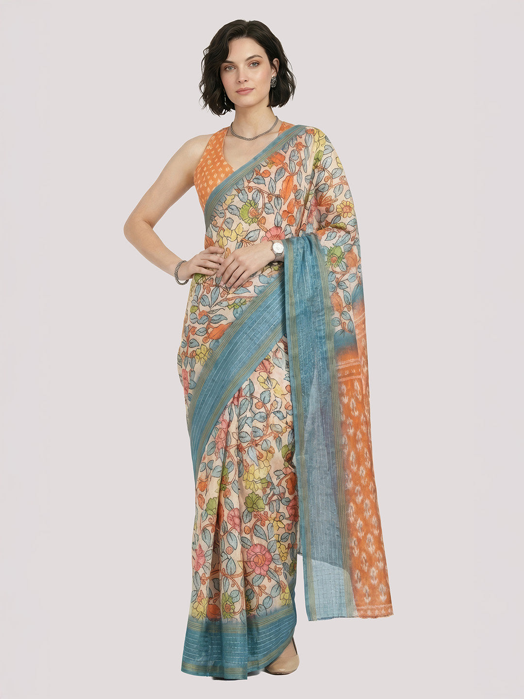 Janasya Women's Multicolor Silk Blend Ready To Wear Floral Printed Saree with Unstitched Blouse