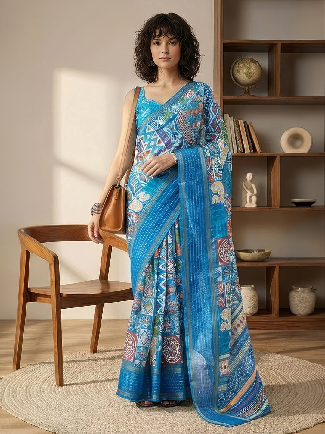 Janasya Women's Blue Silk Blend Ready To Wear Geometric Printed Saree with Unstitched Blouse