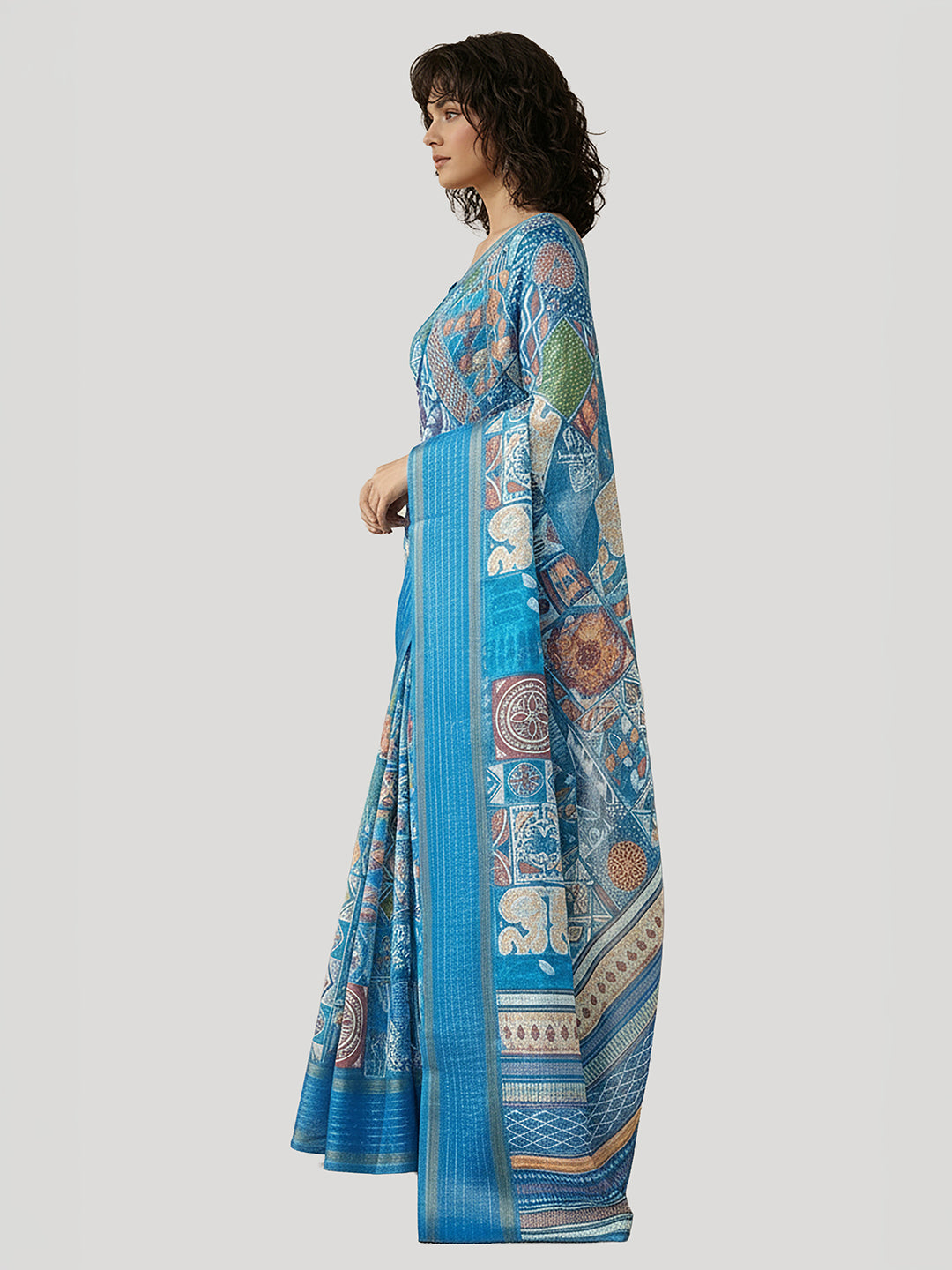 Janasya Women's Blue Silk Blend Ready To Wear Geometric Printed Saree with Unstitched Blouse