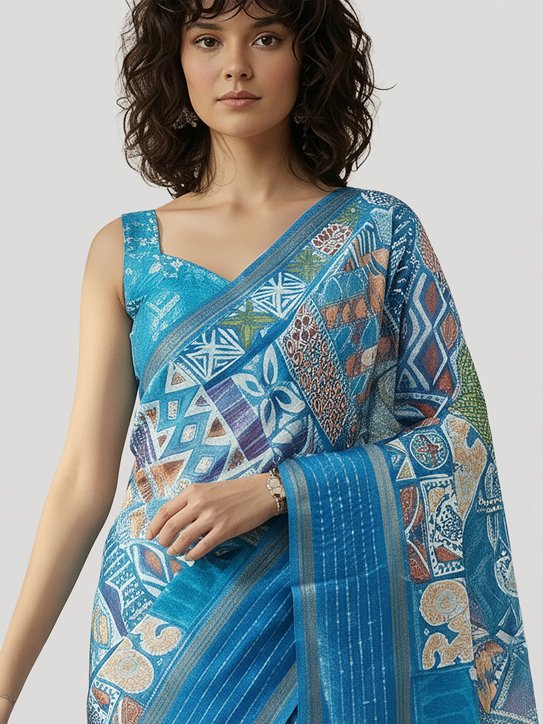 Janasya Women's Blue Silk Blend Ready To Wear Geometric Printed Saree with Unstitched Blouse