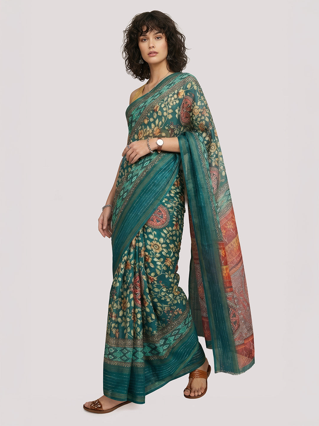 Janasya Women's Green Silk Blend Ready To Wear Floral Printed Saree with Unstitched Blouse