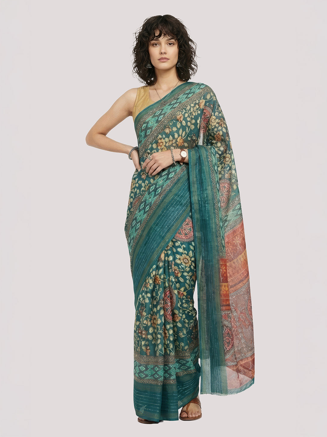 Janasya Women's Green Silk Blend Ready To Wear Floral Printed Saree with Unstitched Blouse