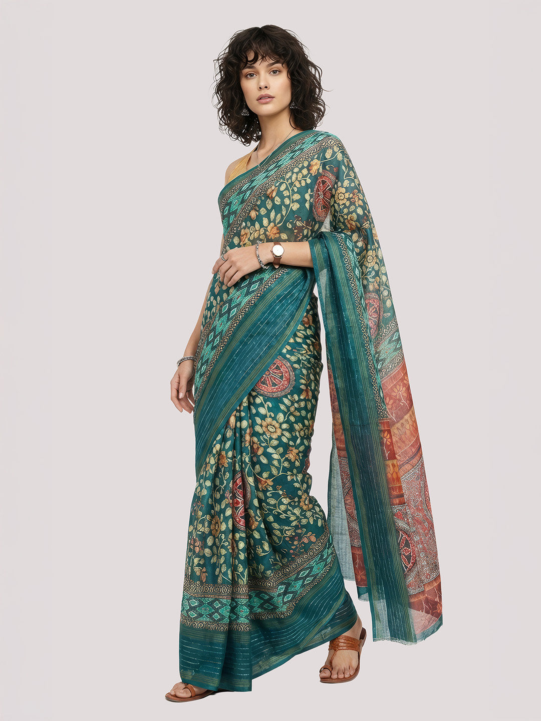 Janasya Women's Green Silk Blend Ready To Wear Floral Printed Saree with Unstitched Blouse