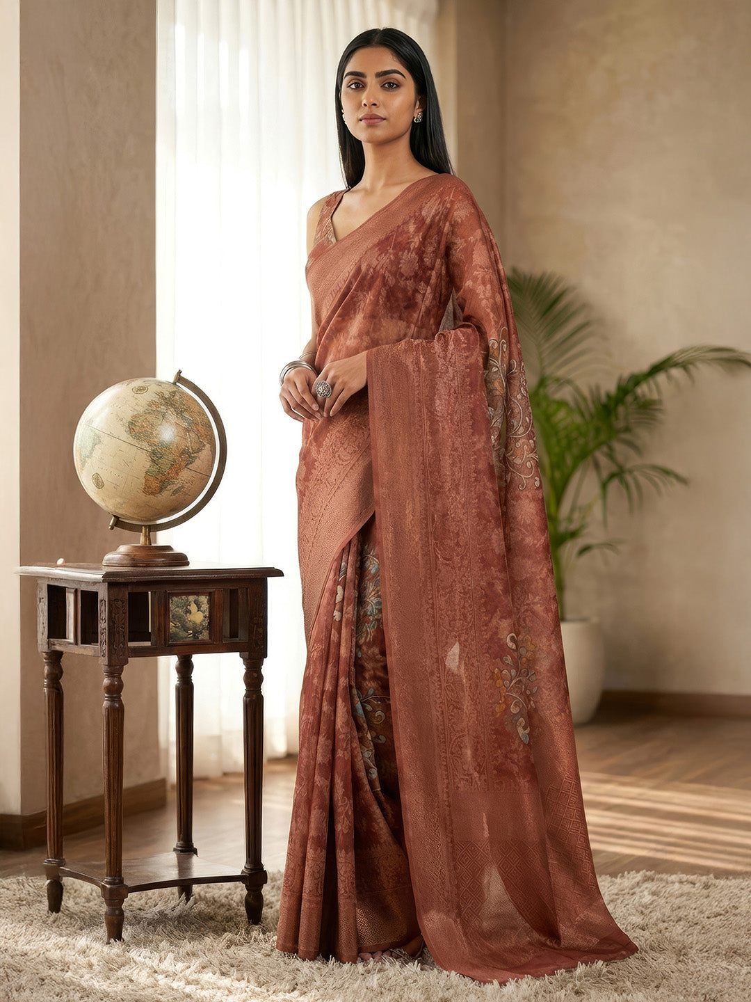 Janasya Women's Rust Jacquard Ready To Wear Floral Printed Saree with Unstitched Blouse