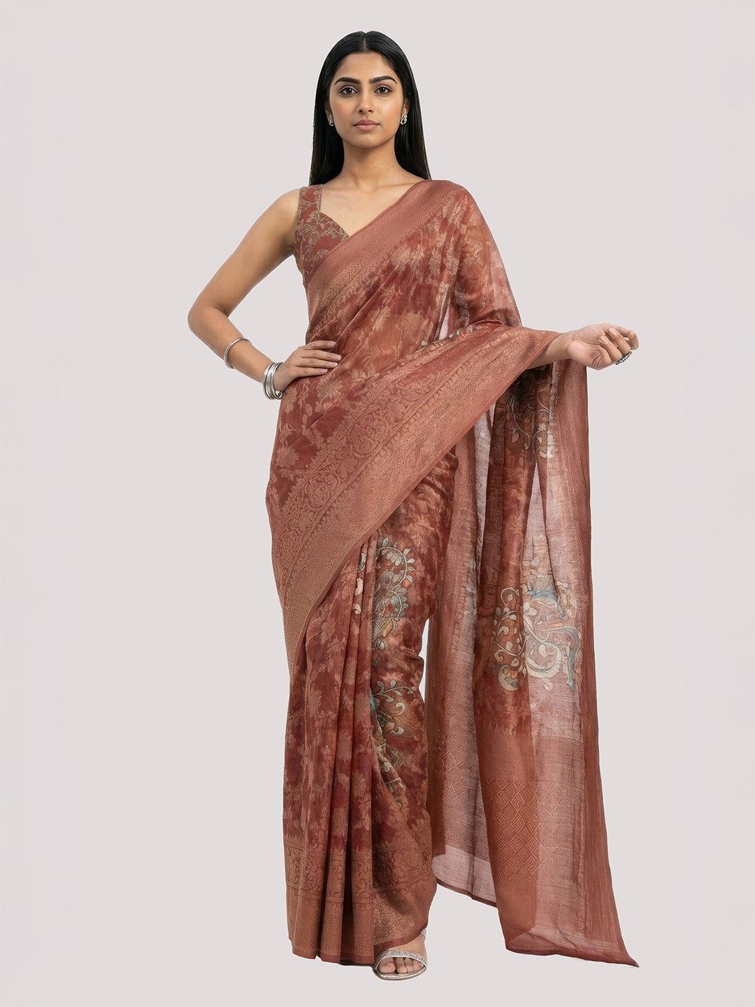 Janasya Women's Rust Jacquard Ready To Wear Floral Printed Saree with Unstitched Blouse
