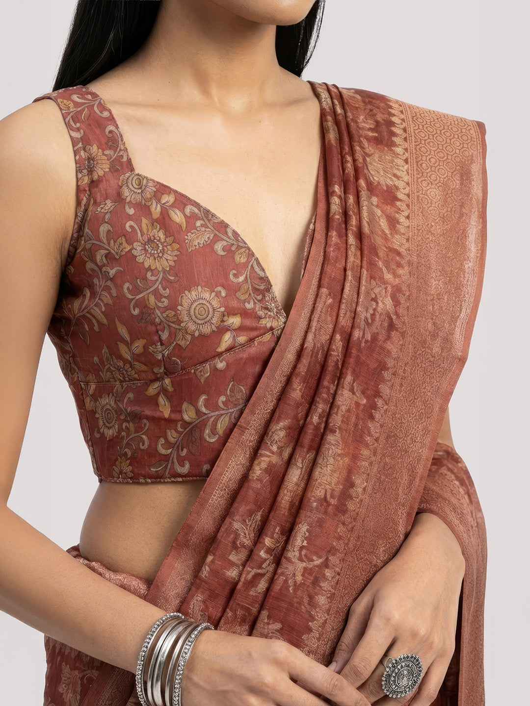 Janasya Women's Rust Jacquard Ready To Wear Floral Printed Saree with Unstitched Blouse