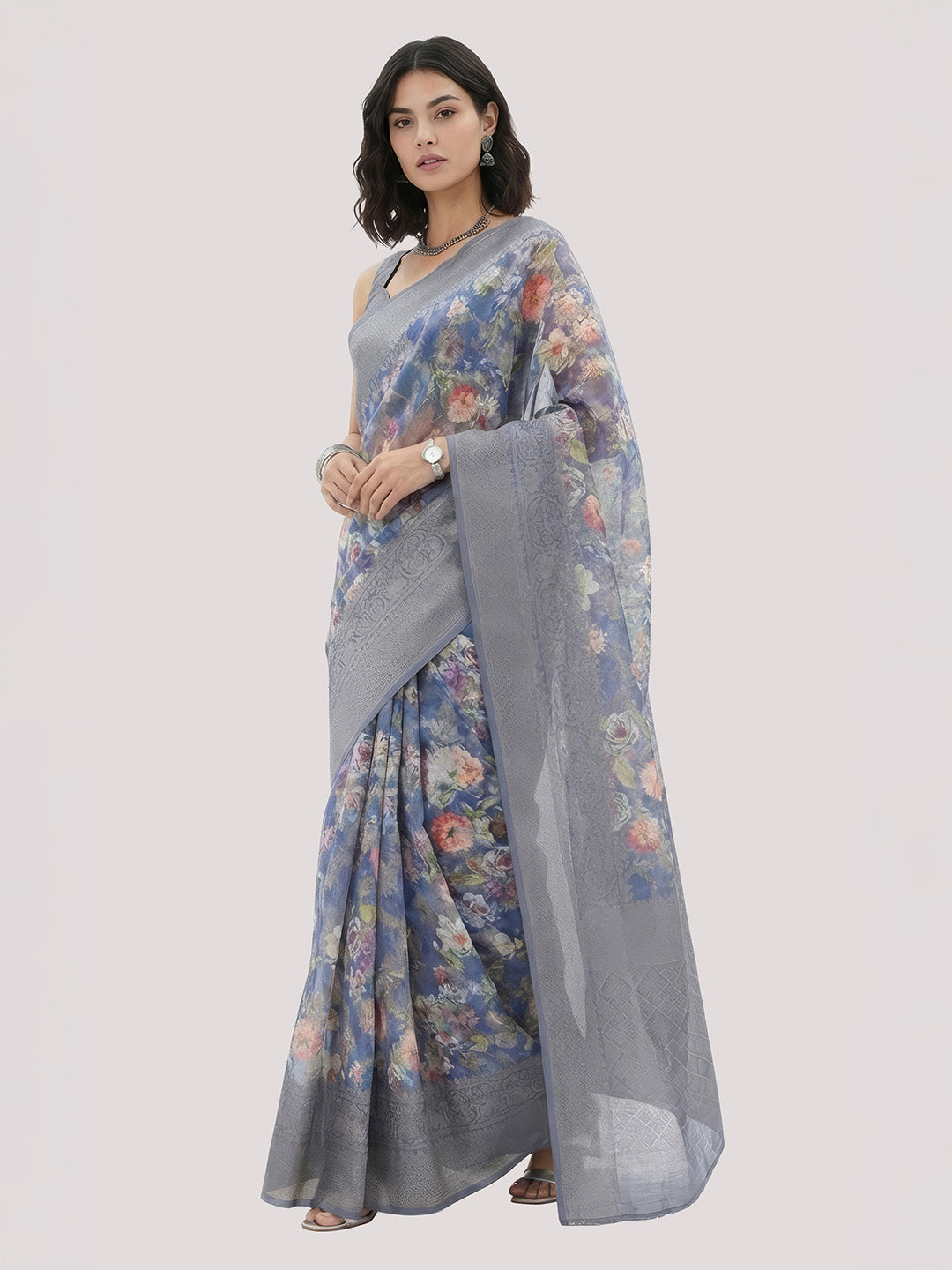 Janasya Women's Grey Blue Jacquard Ready To Wear Floral Printed Saree with Unstitched Blouse