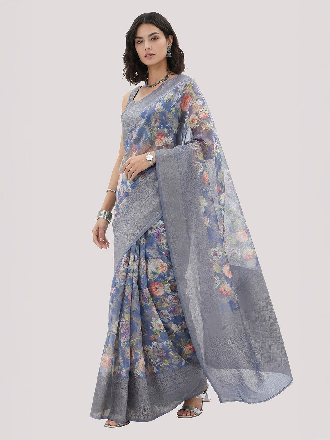 Janasya Women's Grey Blue Jacquard Ready To Wear Floral Printed Saree with Unstitched Blouse