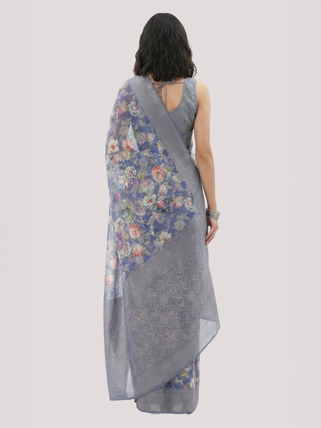Janasya Women's Grey Blue Jacquard Ready To Wear Floral Printed Saree with Unstitched Blouse
