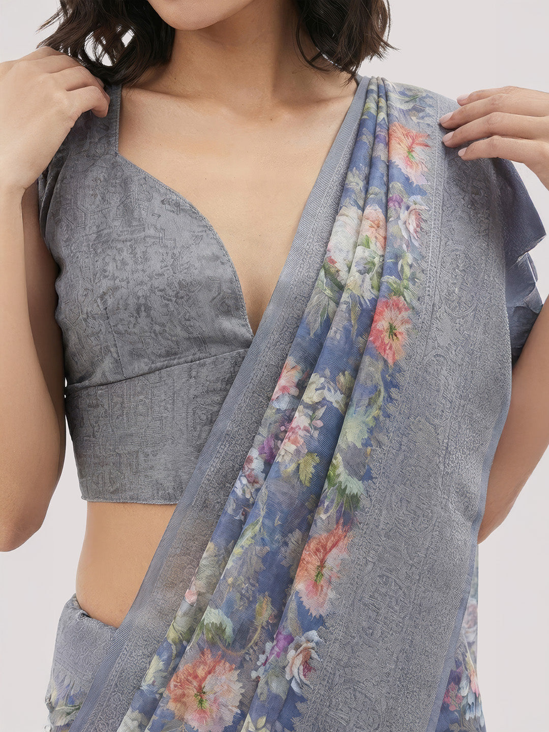 Janasya Women's Grey Blue Jacquard Ready To Wear Floral Printed Saree with Unstitched Blouse