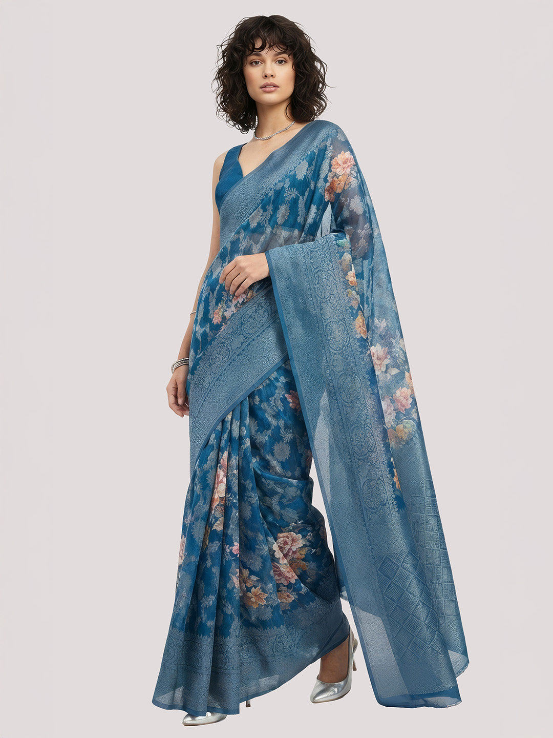 Janasya Women's Navy Blue Jacquard Ready To Wear Floral Printed Saree with Unstitched Blouse