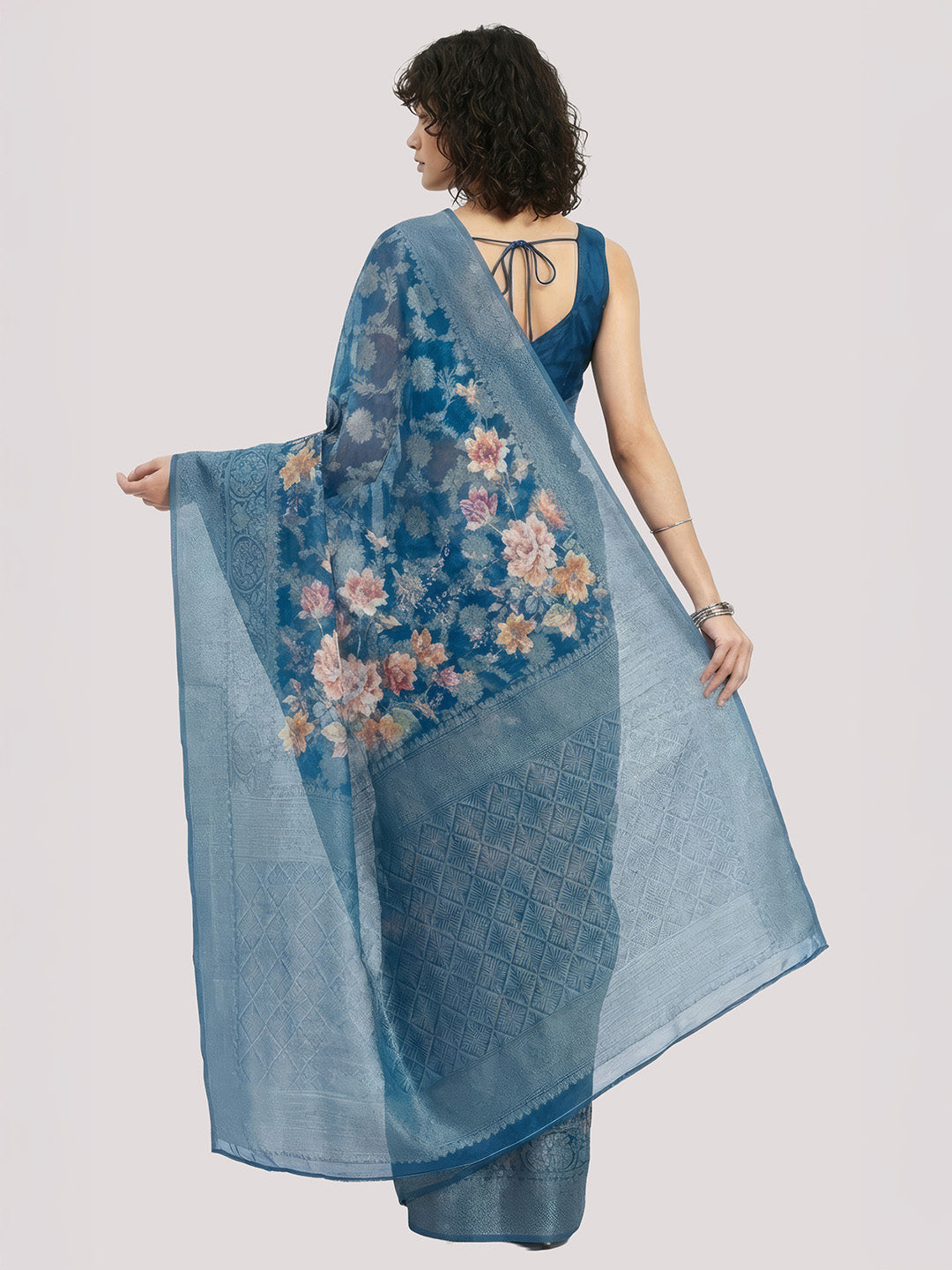 Janasya Women's Navy Blue Jacquard Ready To Wear Floral Printed Saree with Unstitched Blouse